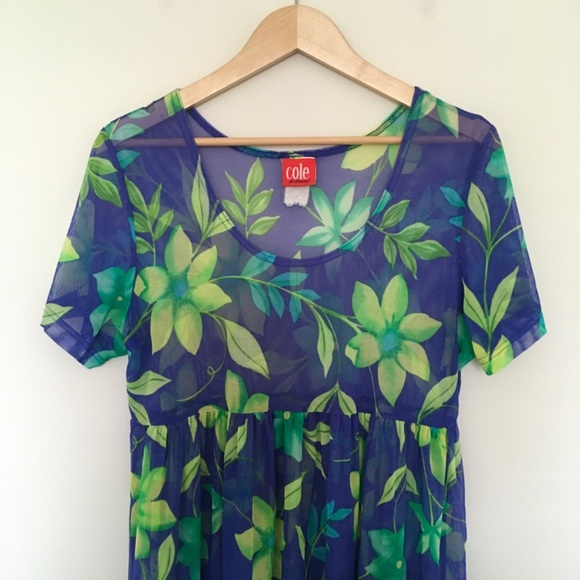 VTG Cole of California Blue Green Floral Mesh Sheer Cover Up Babydoll Dress M/L - Picture 2 of 14